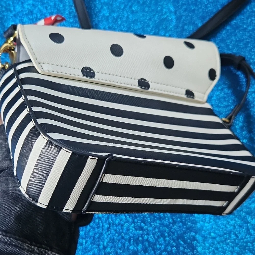 Disney Parks Crossbody Purse Handbag Black White Dots Stripes Minnie Mouse Bows
